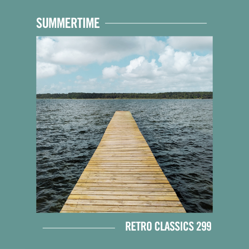 Pier out to a lake with words summertime and retro classics 299 on it